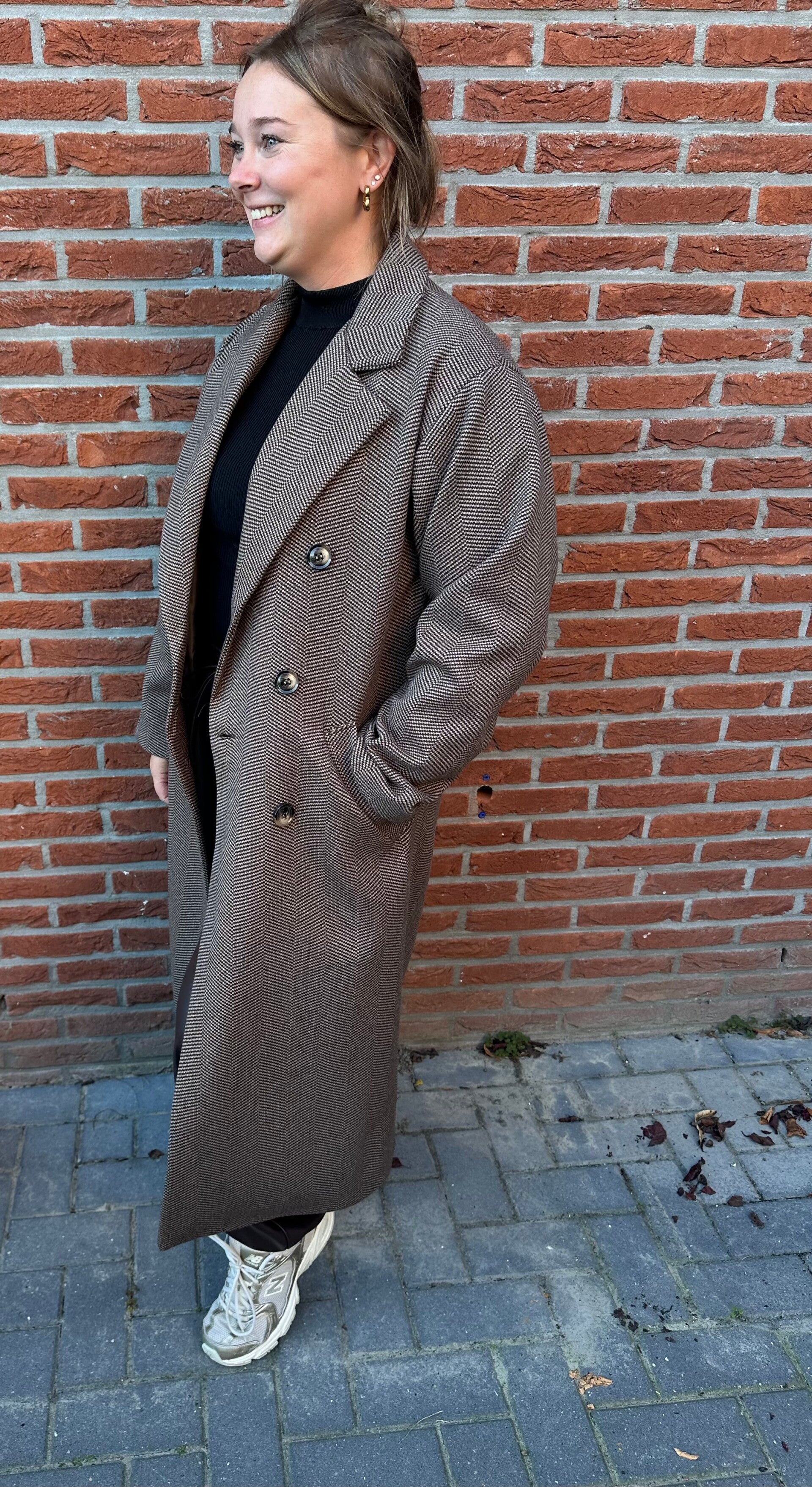 ÉLODIE | Lange geruite mantel bruin/beige