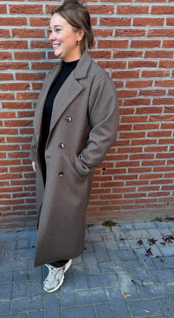 ÉLODIE | Lange geruite mantel bruin/beige