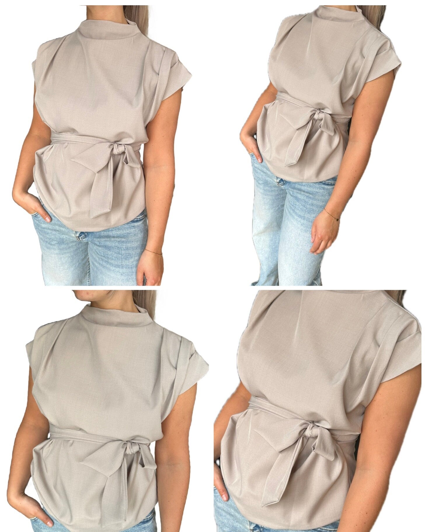 Chique taupe top met strikdetail
