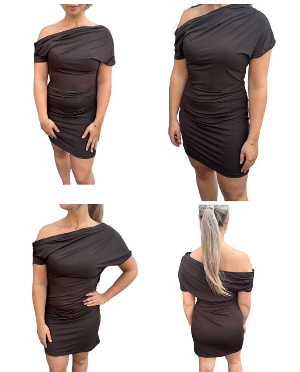 Elegant bruin off-shoulder jurkje met drapering