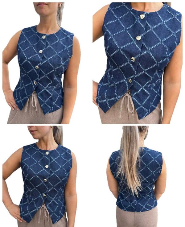 Donkerblauw denim gilet met zilveren knopen