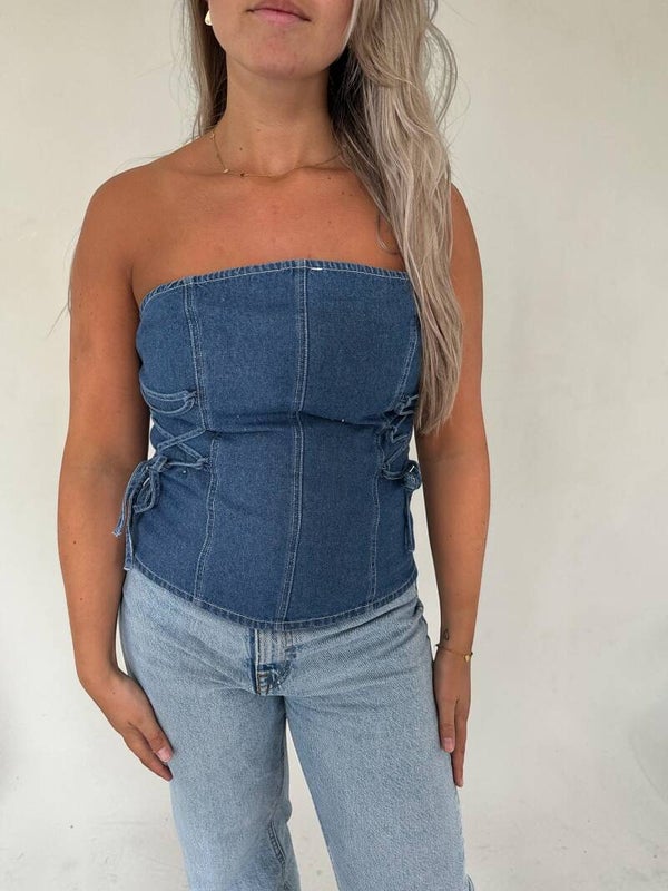 Geweven Strapless Top Dames – Denim Look Corset Top met Vetersluiting