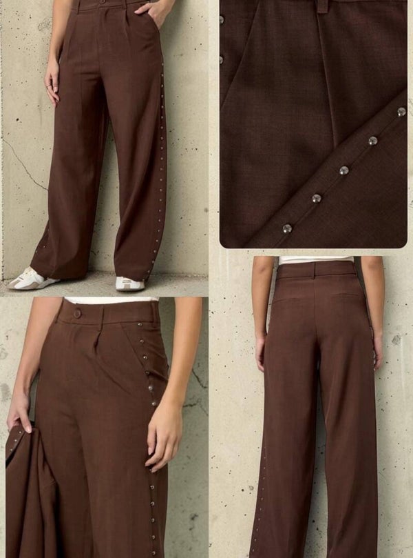 Bruine wide leg pantalon met studs