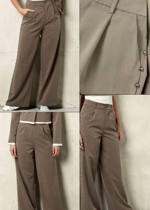 Beige/bruine Wijde broek met studs aan zijkant