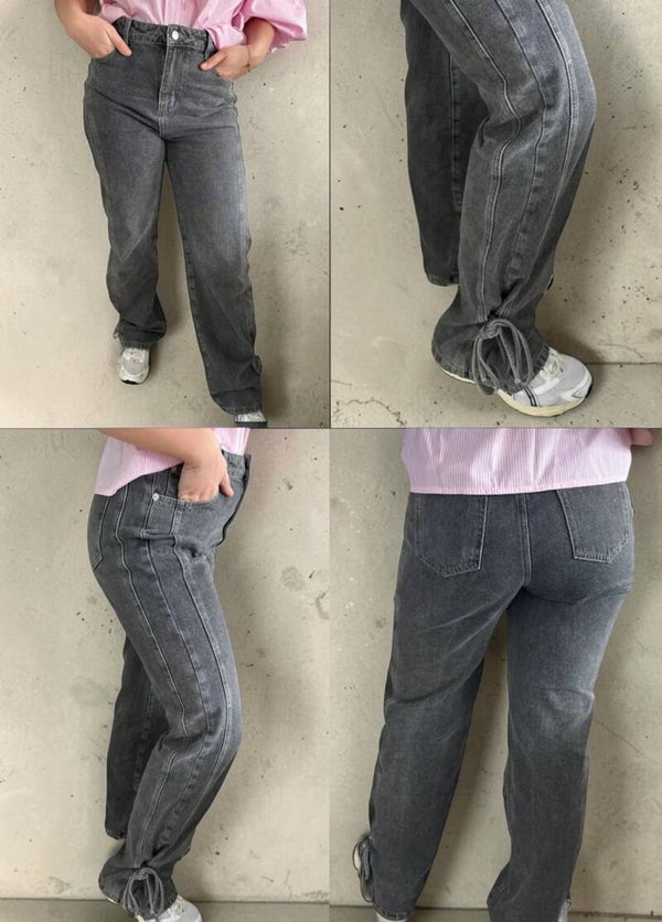 Rechte jeans met strikdetail – grijs washed