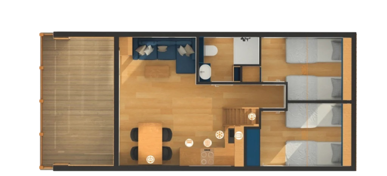 Tiny house, Plattegrond Edria, grondplan met afmetingen, modulair en aanpasbaar, houtskeletbouw