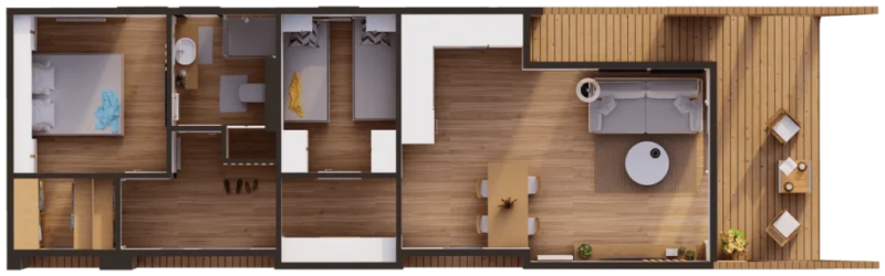 Tiny house, Plattegrond Aurora, grondplan met afmetingen, modulair en aanpasbaar, houtskeletbouw