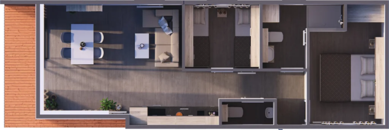 Tiny house, Plattegrond Onyx, grondplan met afmetingen, modulair en aanpasbaar, houtskeletbouw