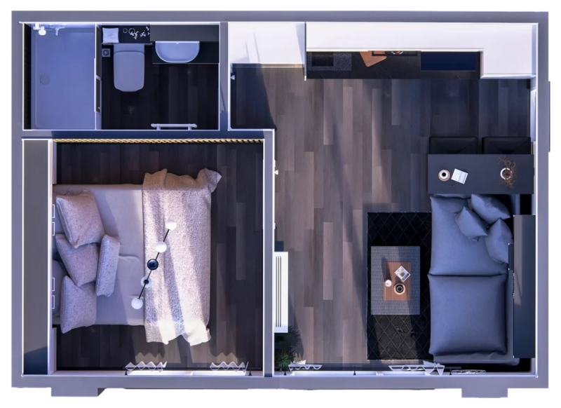 Tiny house, Plattegrond Ikar, grondplan met afmetingen, modulair en aanpasbaar, houtskeletbouw