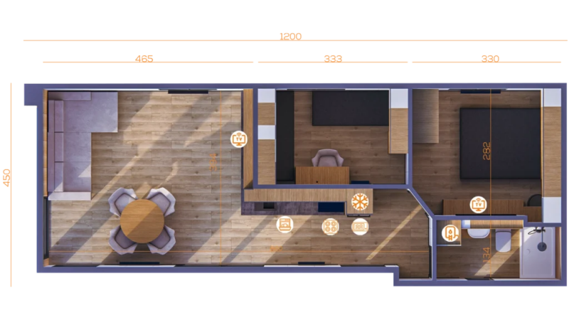 Tiny house, Plattegrond Haven, grondplan met afmetingen, modulair en aanpasbaar, houtskeletbouw