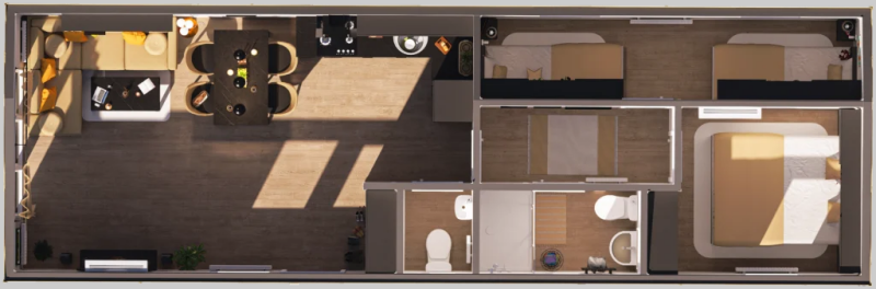 Tiny house, Plattegrond Verano, grondplan met afmetingen, modulair en aanpasbaar, houtskeletbouw