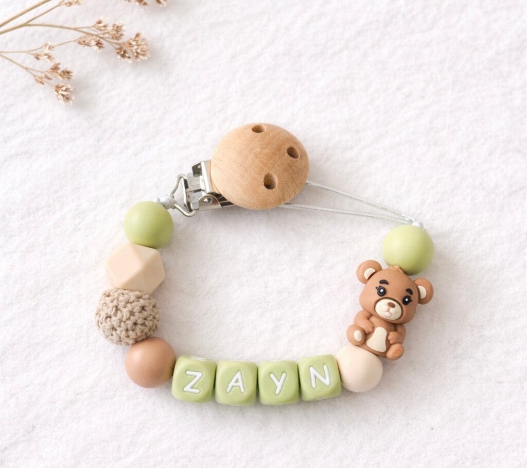 Speenkoord met naam groen-bruin beer