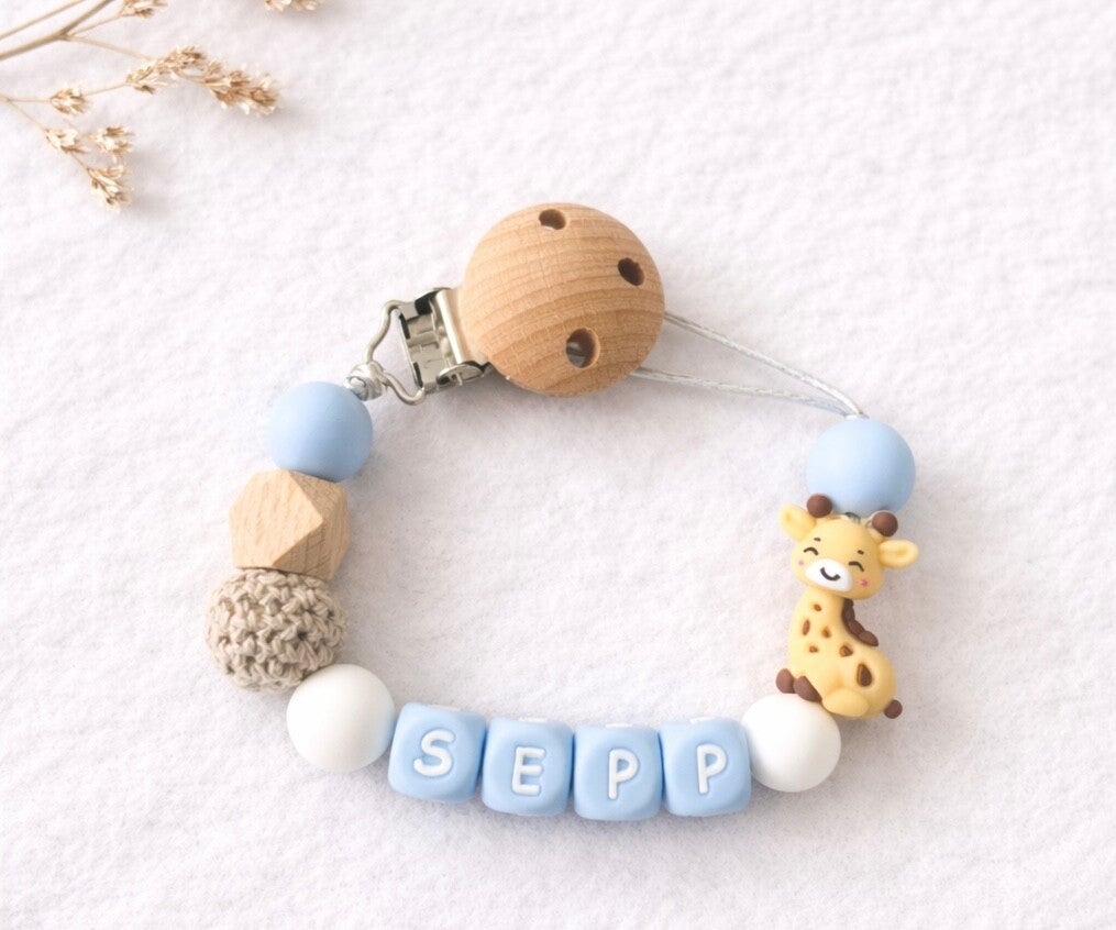 Speenkoord met naam blauw-wit-giraffe