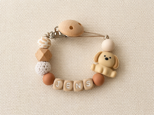 Gepersonaliseerd Speenkoord met naam | hond, beige, bruin
