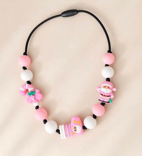 Kerst kinderketting roze & wit - kerstman,kerstsok & zuurstok