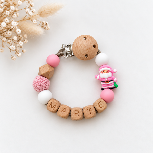 Gepersonaliseerd speenkoord met naam | roze kerstman