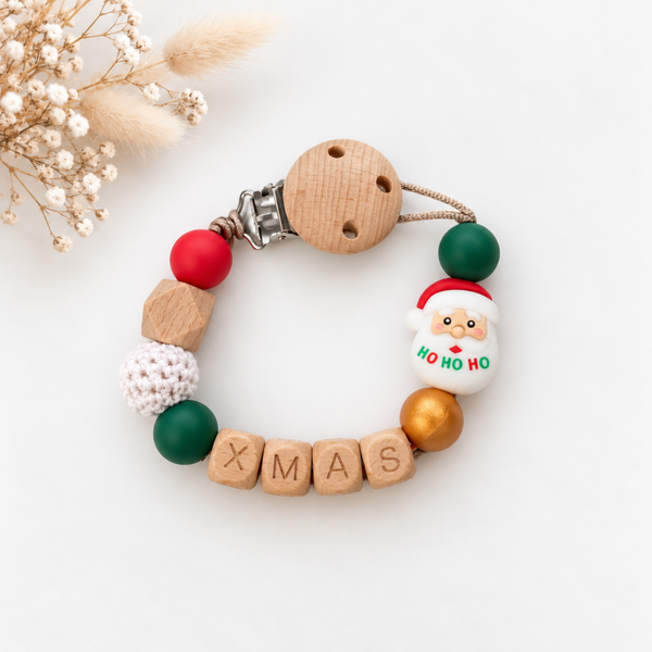 Gepersonaliseerd speenkoord met naam | kerstman | rood & groen