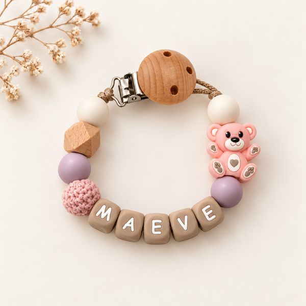 Gepersonaliseerd speenkoord met naam | roze beer - lila
