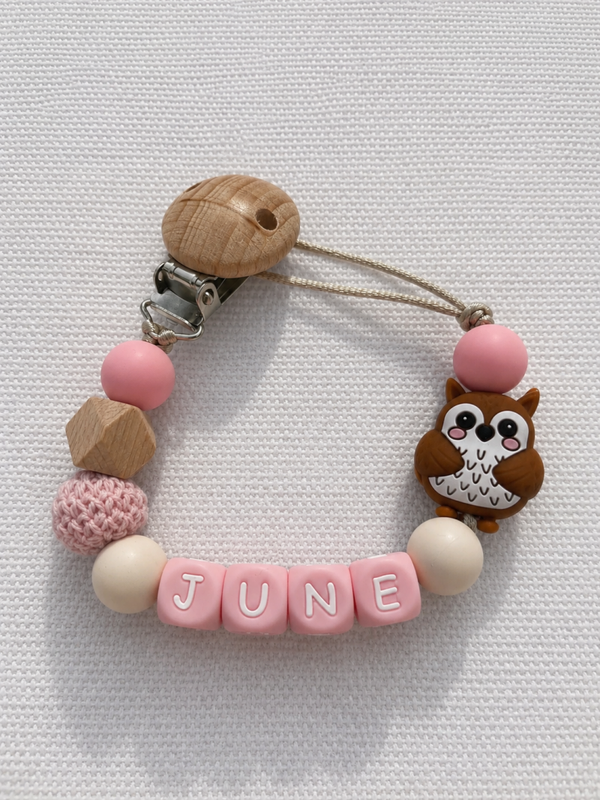Gepersonaliseerd speenkoord met naam | uil roze en wit