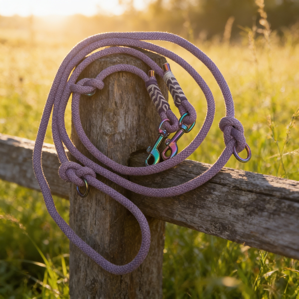 Handmade Adjustable Multiway Rope Dog Lead – Purple & Rainbow – 2.6m