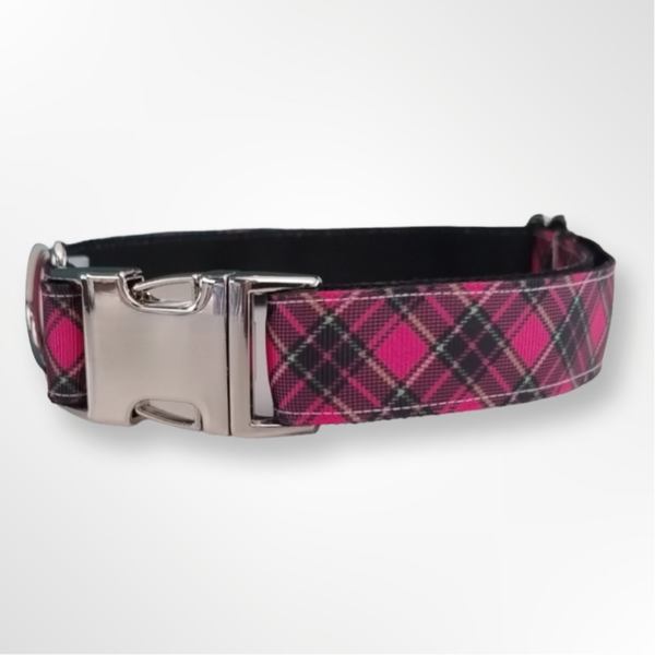 Flat Collar -Pink Black Tartan- 2.5 cm wide