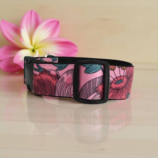 Flat Collar - Pink Flowers Ribbon - 4cm wide - green