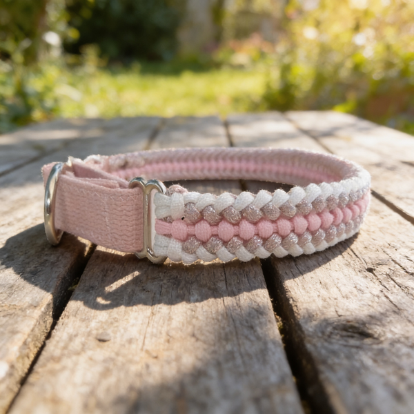 Handmade Paracord Martingale Dog Collar – Pink, White & Rose Gold | One-Off Design - 49 cm Circumference