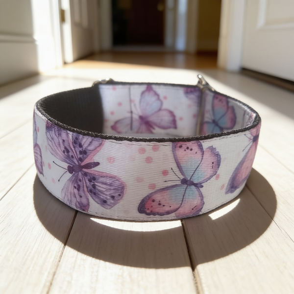 Handmade Butterfly Half-Slip Dog Collar – Pink & Purple – 4 cm Wide