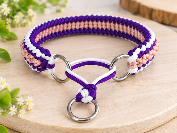 Handmade Paracord Martingale Dog Collar – Purple, White & Pink - 41cm - 47cm