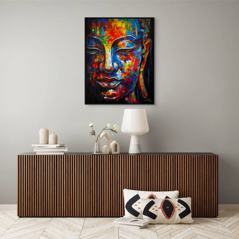 Colorful Buddha painting in modern minimalist interior above wooden sideboard