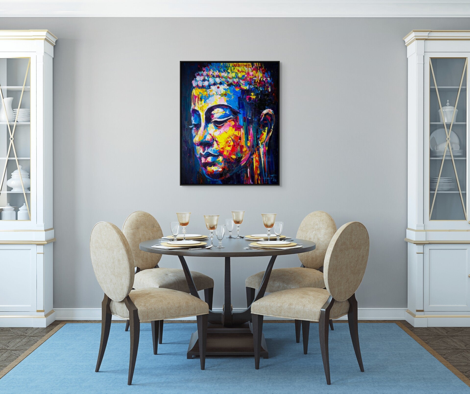 Boeddha schilderij Energy Flow in moderne eetkamer met ronde tafel en stijlvolle stoelen