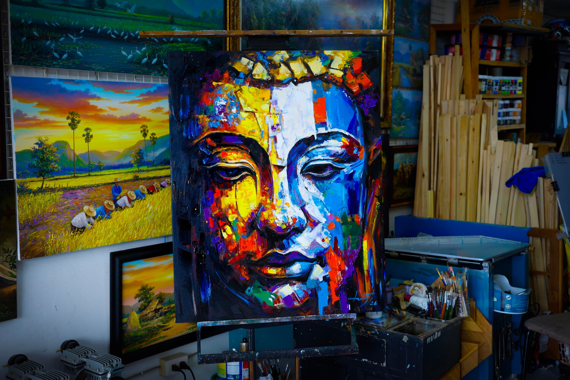 Handgeschilderd Boeddha schilderij Golden Balance van kunstenaar Seksak Jaichumchen in zijn atelier in Thailand