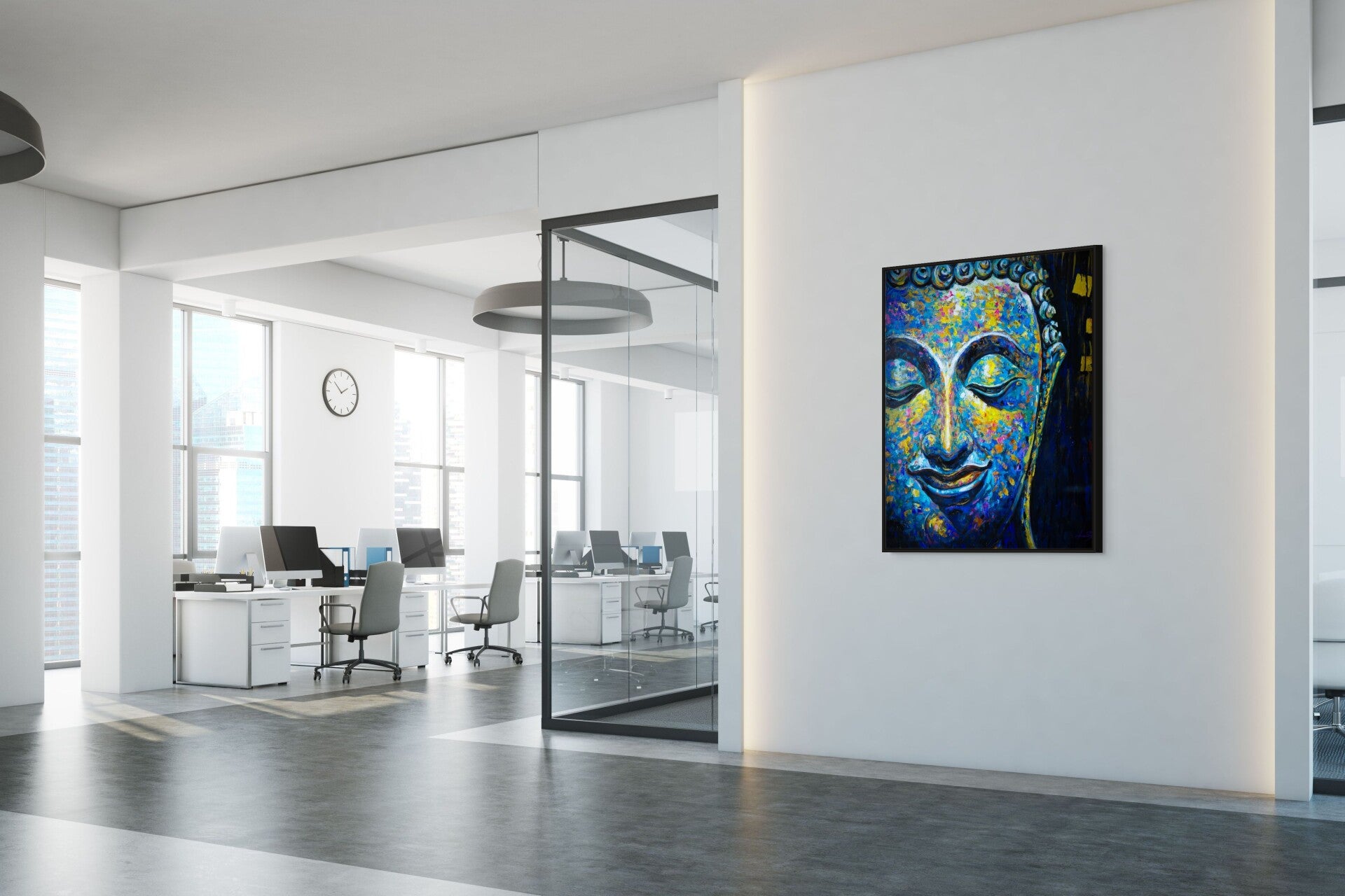 Handgeschilderd Boeddha Schilderij Ocean of Calm in Modern Kantoorinterieur