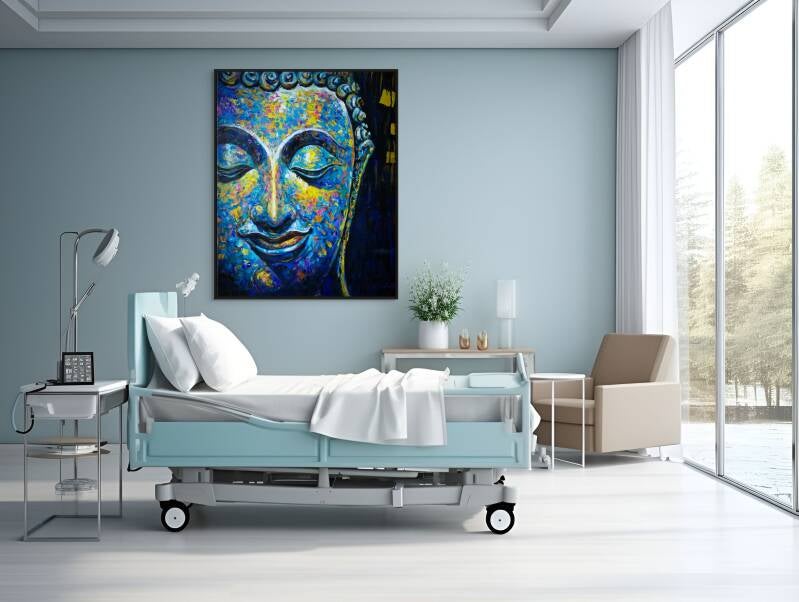 Boeddha schilderij Ocean of Calm in zakelijke ziekenhuiskamer of behandelruimte met moderne inrichting