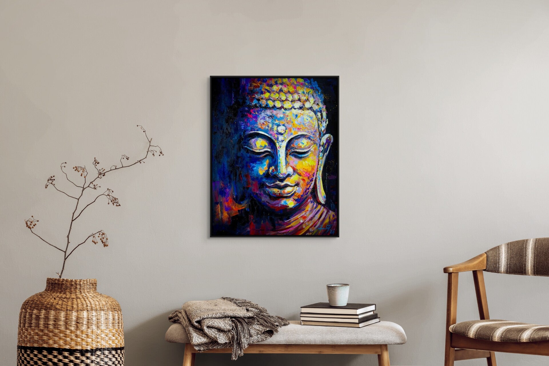 Handgeschilderd Boeddha schilderij Peace Within in rustige interieur setting met zachte kleuren en houten meubels
