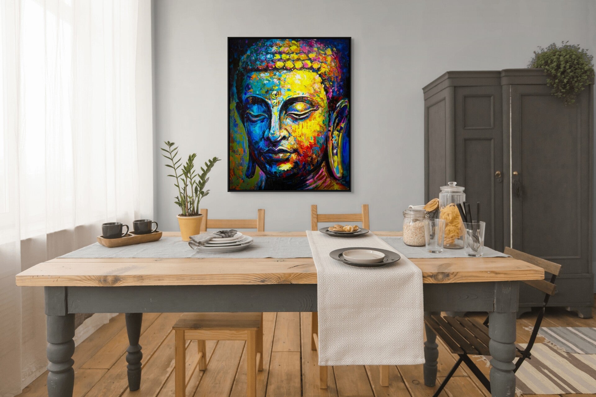 Boeddha schilderij Radiant Silence in moderne eetkamer