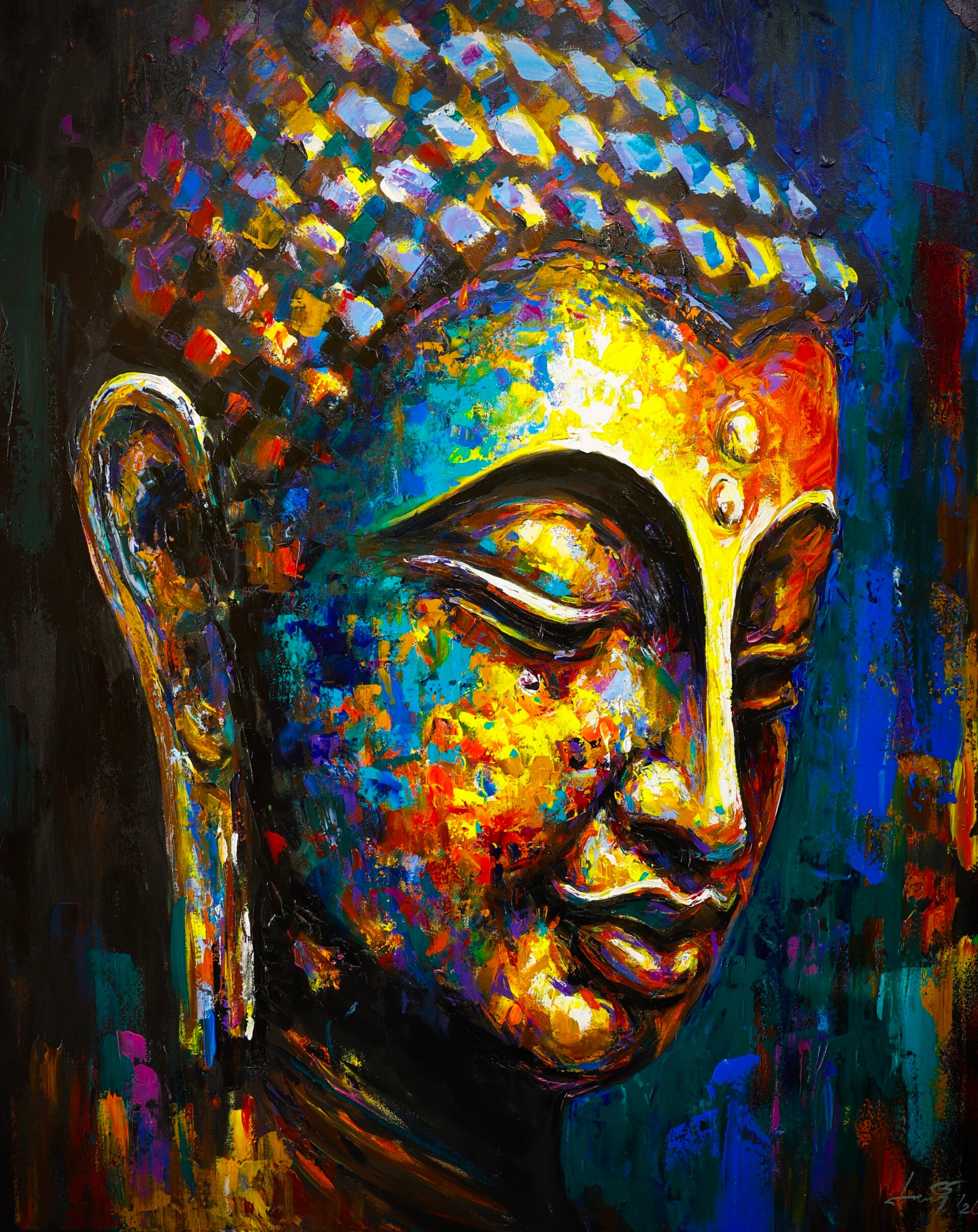 Contemplation roept innerlijke stilte op door diepe kleurcontrasten en een serene, contemplatieve expressie.