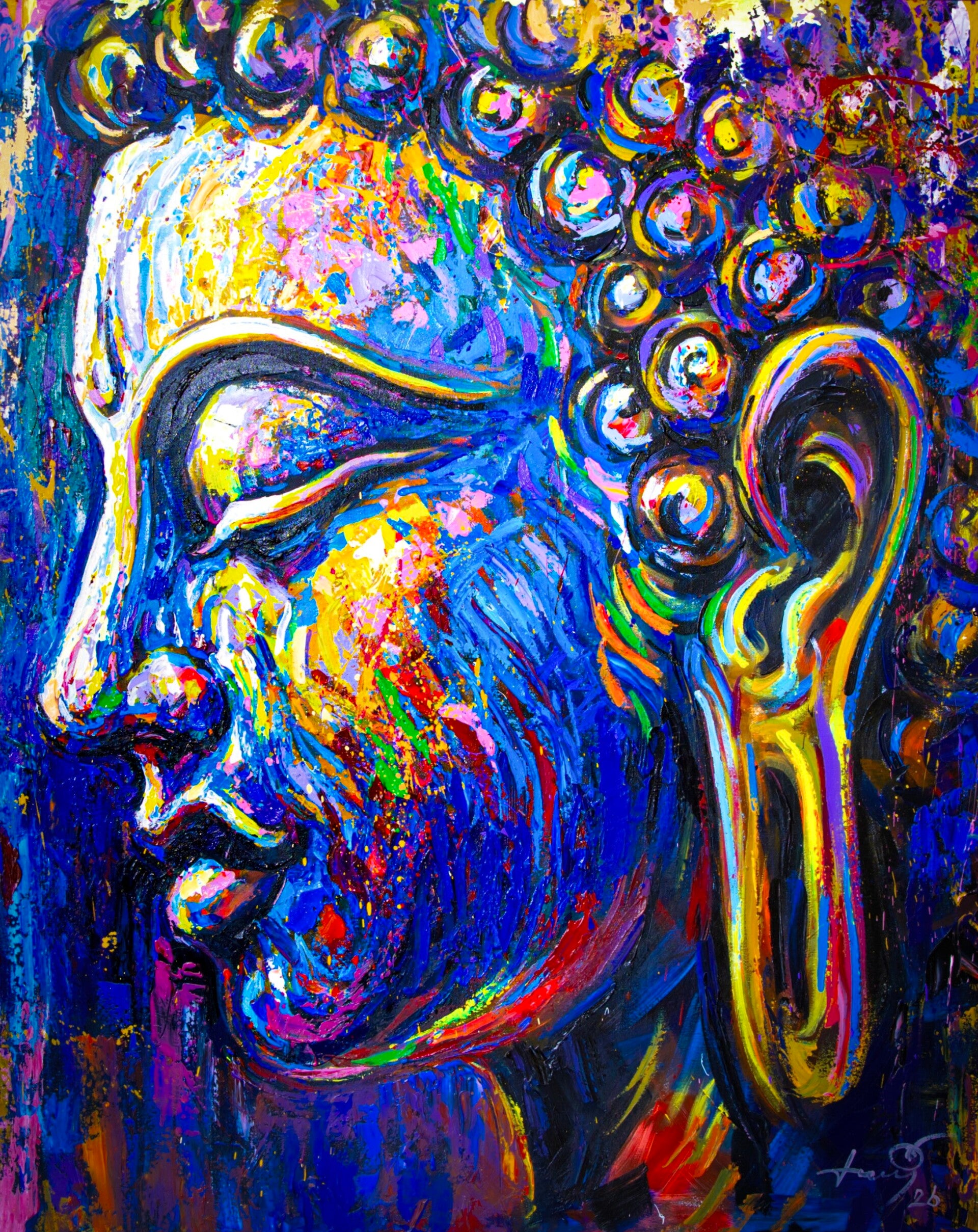 handgeschilderd Boeddha schilderij Cosmic Peace van kunstenaar Seksak Jaichumchen uit Thailand