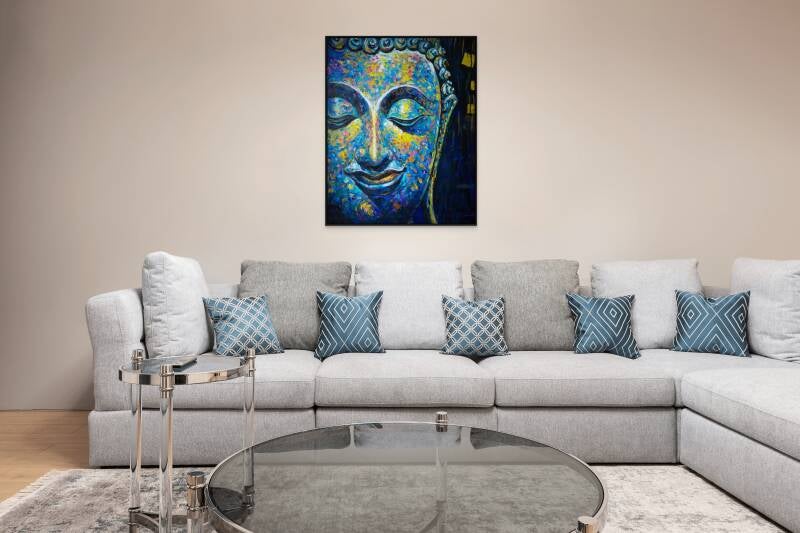 Hand-painted Buddha painting Ocean of Calm in modern interior above grey corner sofa