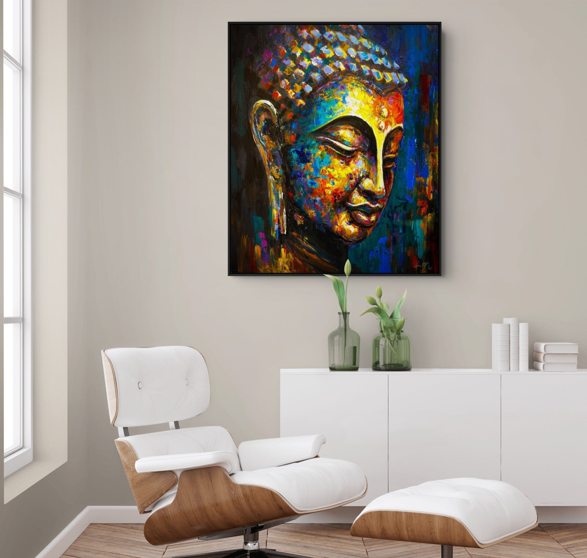 Handgeschilderd Boeddha schilderij Contemplation als blikvanger in een modern interieur