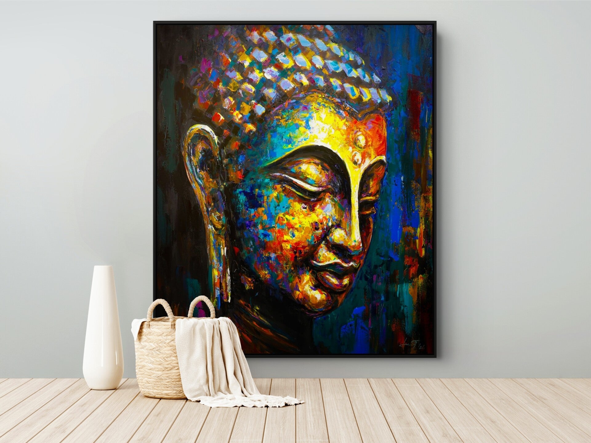 Contemplation hand-painted Buddha painting on a minimalist wall with a light wooden floor