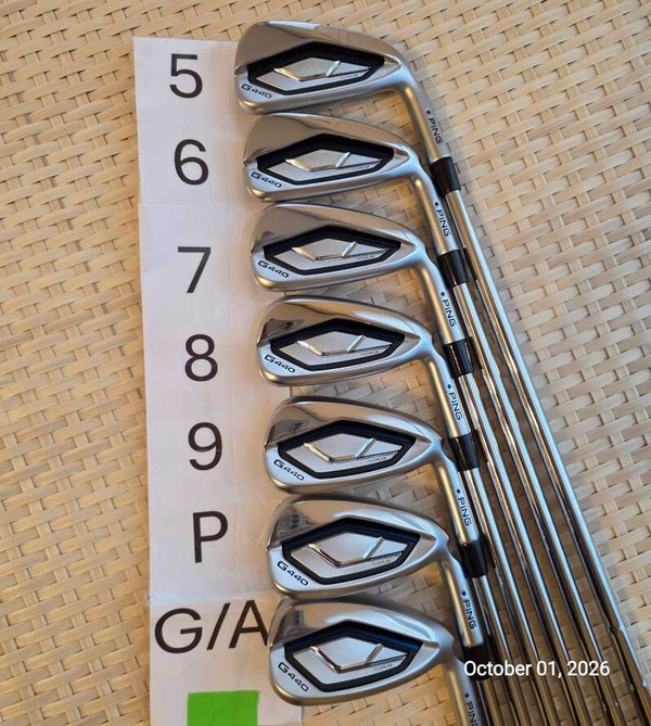 Ping G440 5-U (7 club) iron set w/Ping AWT 102g steel stiff shafts; matching serial #BM0018184