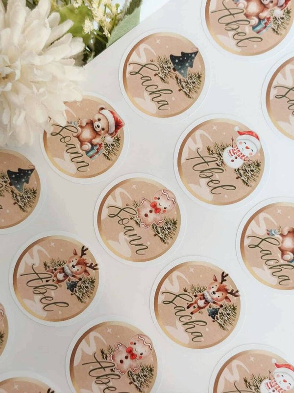 Plaquette de 20 petits autocollants prénom pour cadeau de Noël