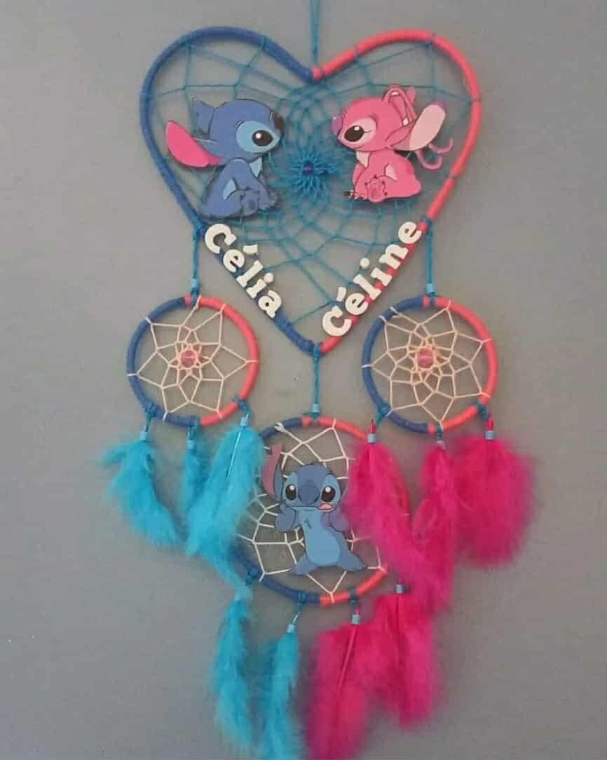 Attrape-Rêves Stitch en Forme de Cœur – Personnalisé avec 1 ou 2 Prénoms