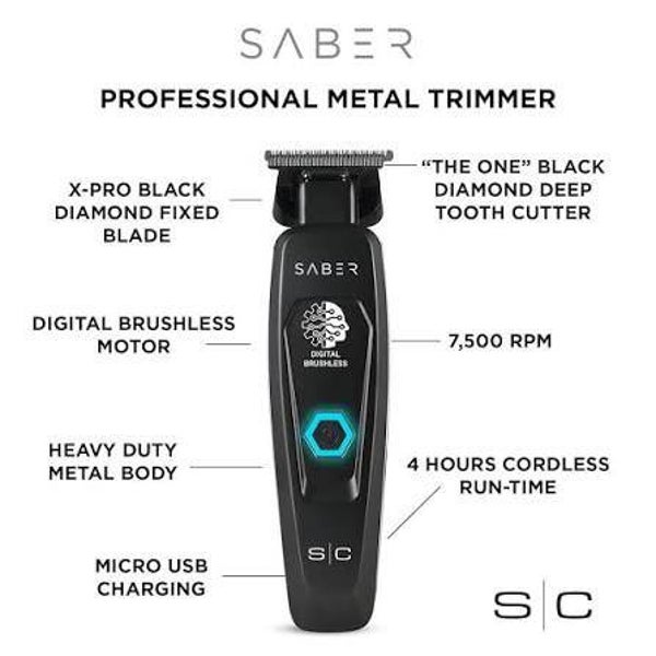 StyleCraft Saber Cordless Digital Brushless Motor Metal Trimmer (Black, SC403B)