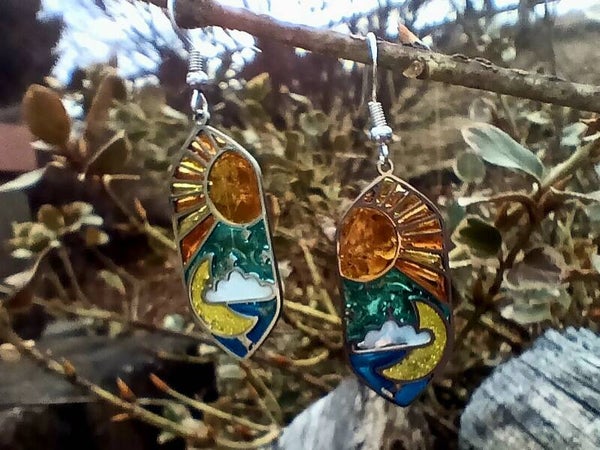 Sun and Moon Stained Glass Earrings