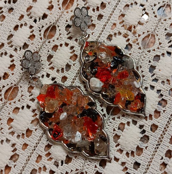 Mixed Gemstone Silver Leaf Earrings