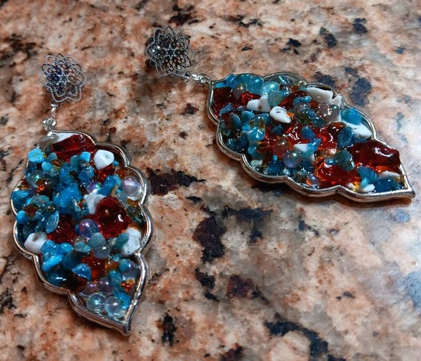 Mixed Gemstone Silver Leaf Earrings