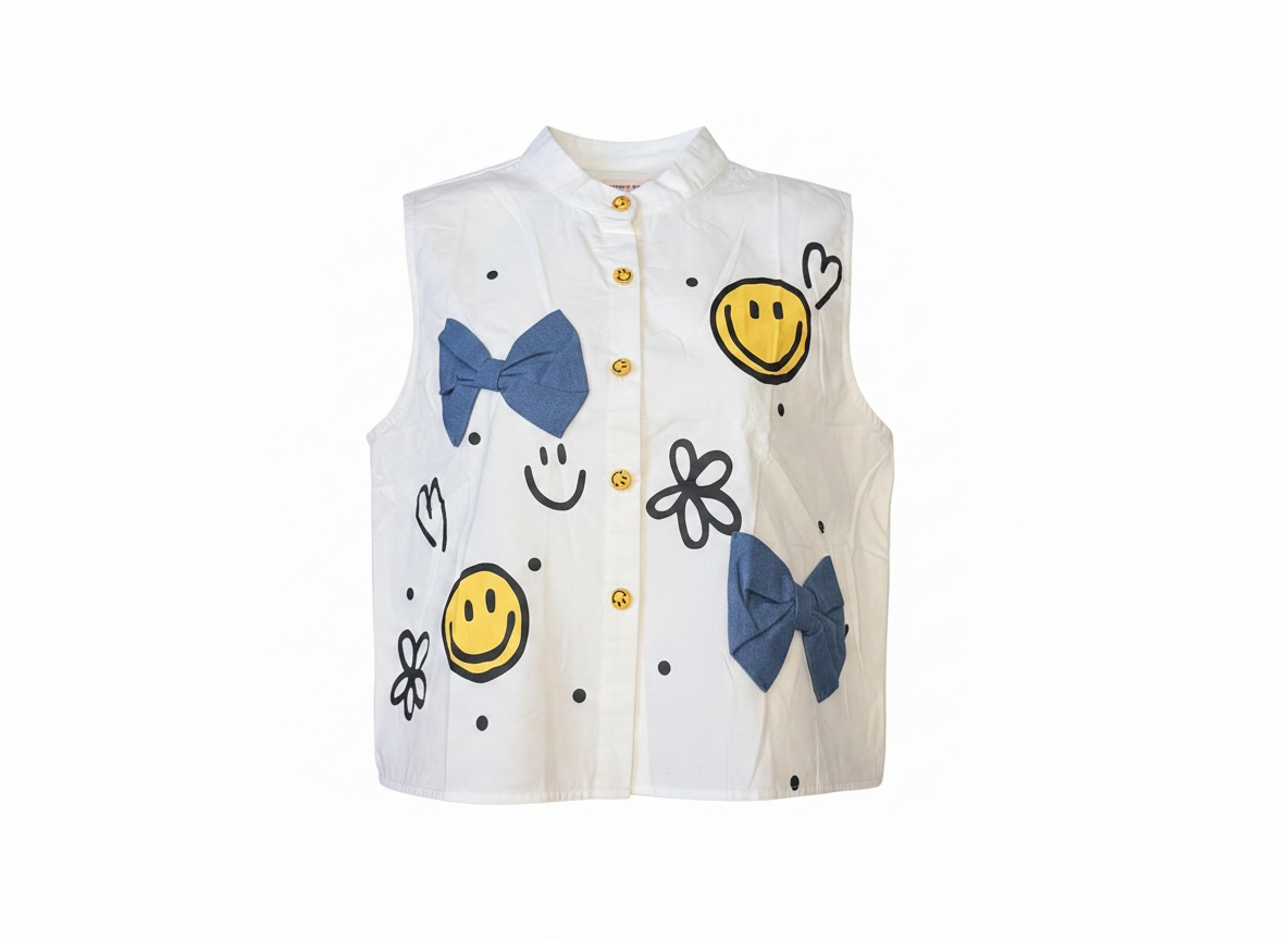 Polo Sleeveless Hanging Top with Smiley Buttons- WHITE