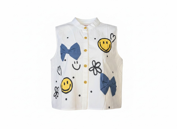 Polo Sleeveless Hanging Top with Smiley Buttons- WHITE